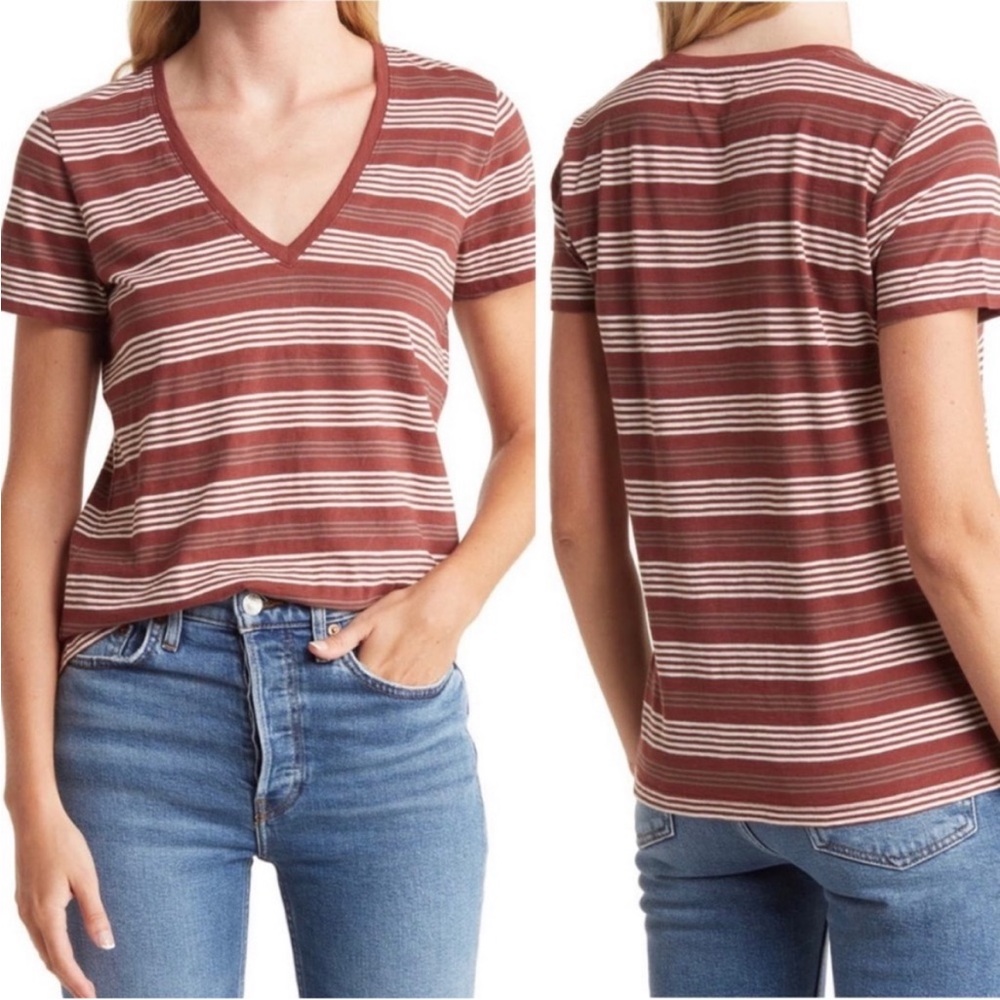 Madewell Maroon Stripe Cotton V Neck large